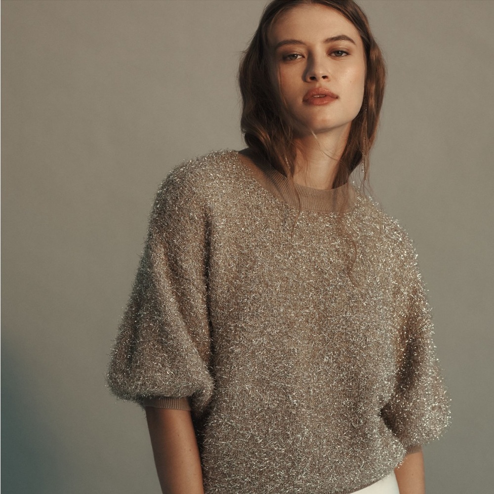 Anthropologie Maeve The Violetta Short Sleeve Tinsel Sweater Size Small - Picture 3 of 12